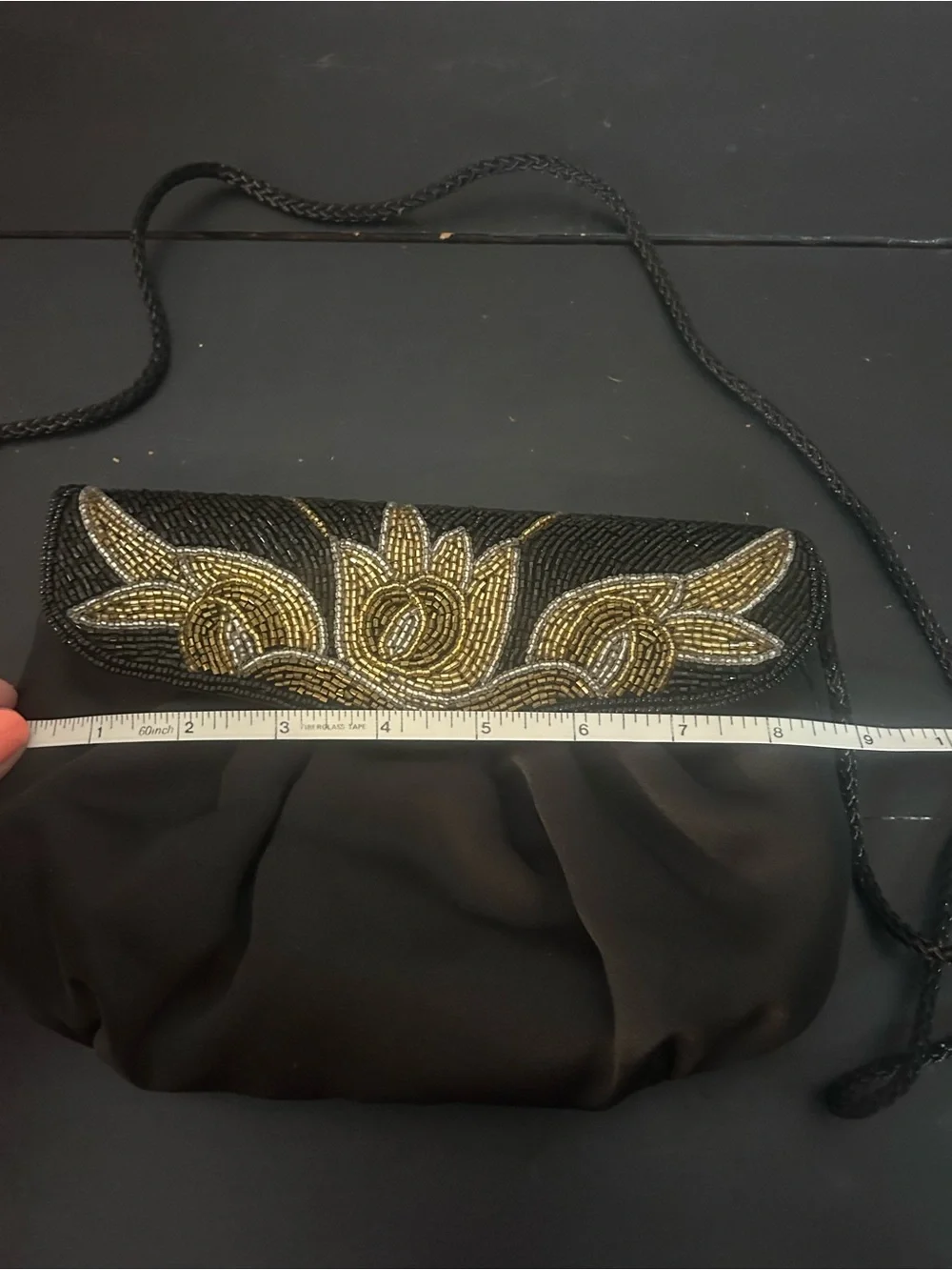 Vintage Black Satin Beaded Evening Clutch Floral Gold Silver Shoulder Purse